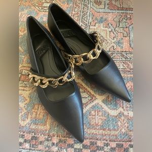 Zara Black Pointed Toe Flats with Gold Chains (NWT)